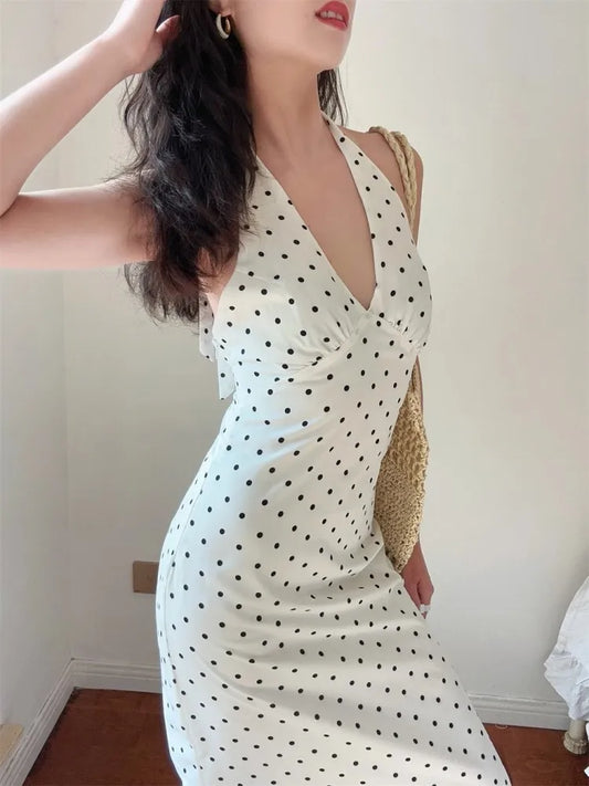 nvxiot  -  Polka Dot Neck Hanging Dress For Women'S Summer New V-Neck Slim Fit, High-End Temperament, Unique Mid Length Skirt