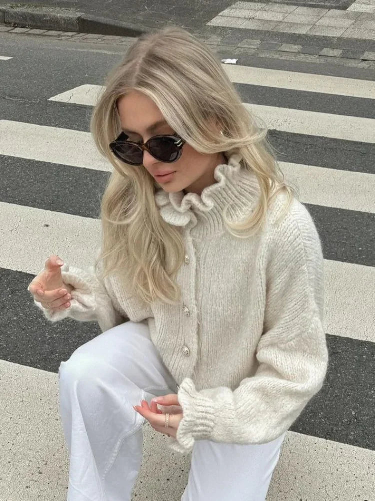 nvxiot  -  Pink Sweet Ruffles High Collar Knitted Cardigan Women 2024 Elegant Single Breasted Long Sleeve Sweater Female New Streetwear