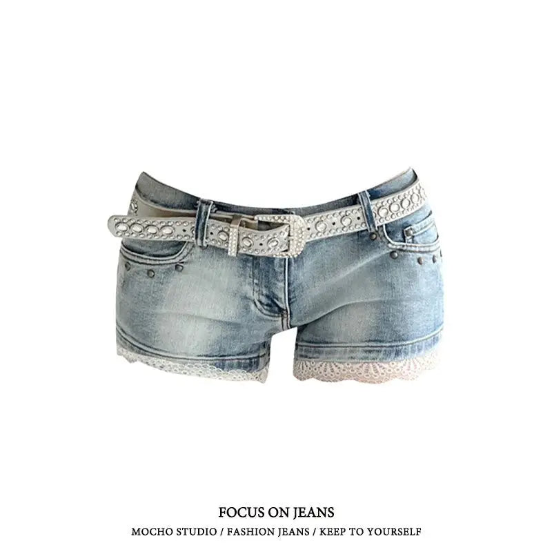 MQTIME  -  Y2k 2000s Vintage Lace Blue Jean Shorts Women Slim Sexy Short Pant Denim Clothes Bodycon Summer Streetwear Summer Korean Fashion
