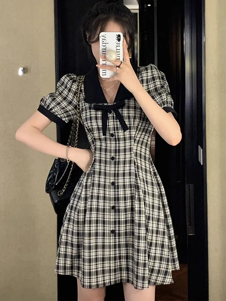 nvxiot  -  2024 Summer New Fashionable French Slimming Large Bow Bubble Sleeves Black and White Plaid Dress V-neck Short Skirt for women