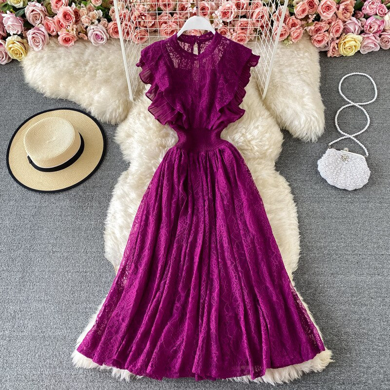 nvxiot Korean Style Dress for Women Lace Round Neck Ruffle Sleeveless Streetwear Fashion Elegant Ladies Women's Skims Dresses Vestidos