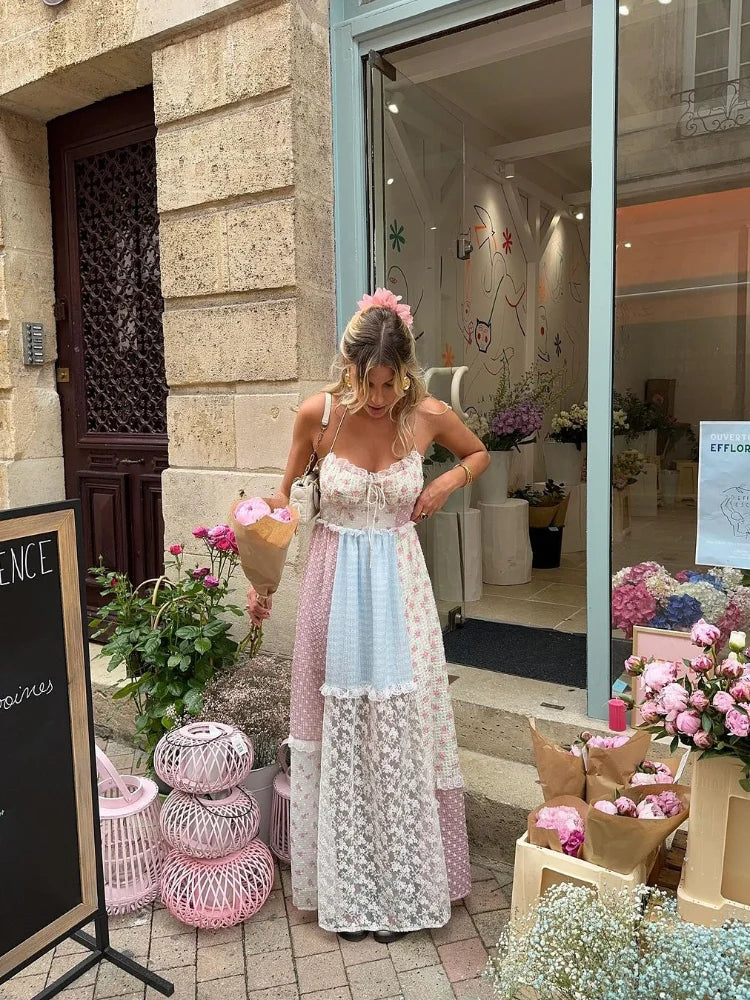 MQTIME  -  Elegant Print Lace Patchwork Spaghetti Strap Dress Women Halter Backless Sleeveless Dresses Summer Lady Sweet High Street Robe
