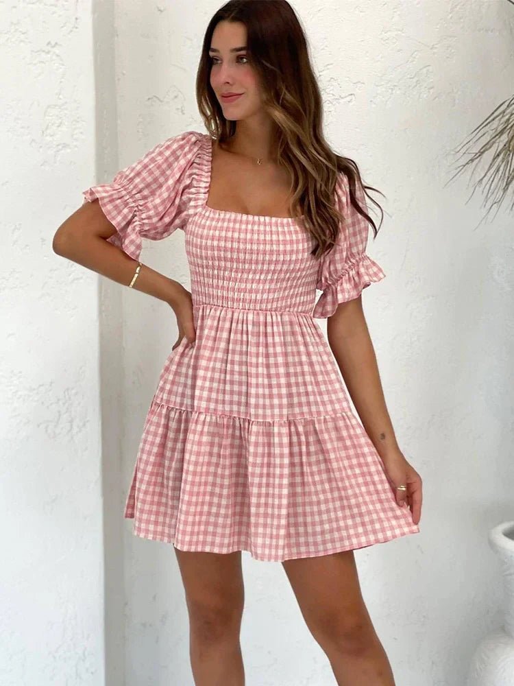 nvxiot Square Collar Gingham Printed Women Casual Summer Short Dress Puff Sleeve A-line Pink Cute Fashion Outfit Vestidos