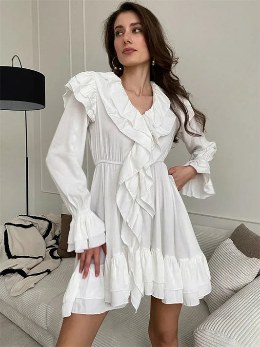 nvxiot White Ruffled Mini Dress Women's Patchwork Fashion Bandage High Waist Elegant Party Dress Slim Loose Autumn 2024 Dress New