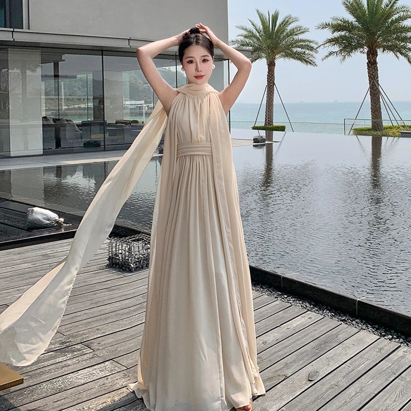 nvxiot  -  French Beige Elegant Vacation Halter Backless Birthday Party Pleated Fairy Dress A Line Prom Evening Gowns Long Dresses Summer