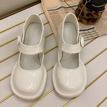 nvxiot New High Heel Shoes Women's Flat Buckle Mary Jane Shoes Big Head Doll Shallow Mouth Single Shoes