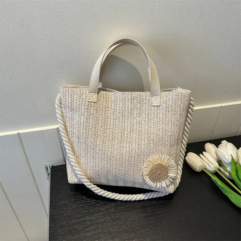 nvxiot Small clear fashion flower woven shoulder bag  retro minimalist square bag woven vegetable basket bag