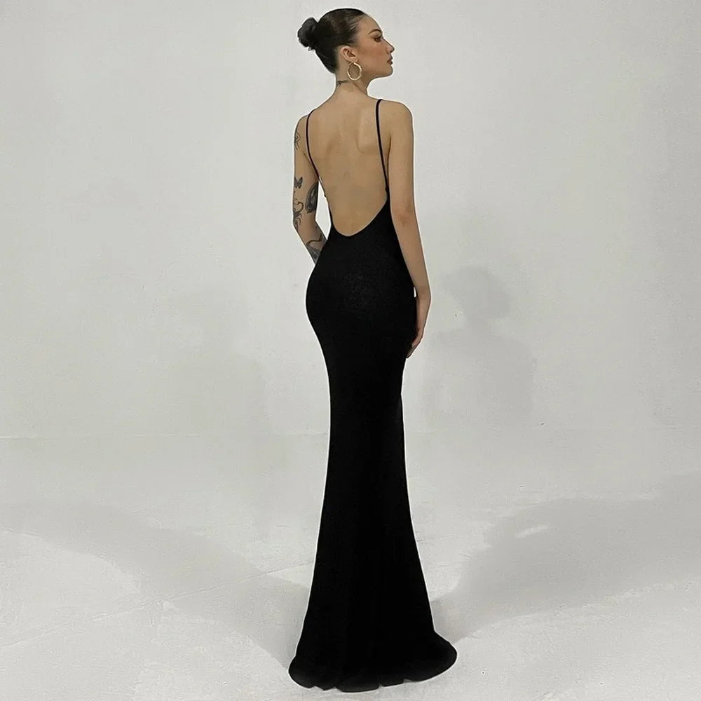 nvxiot Black Elegant Temperament Long Dress for Women Sexy Spaghetti Straps Backless Evening Club Party Dresses Summer Prom Outfits