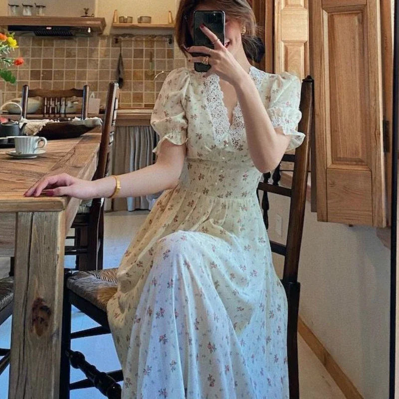 nvxiot Stylish Floral Print Elegant Dresses for Women Puff Sleeve Lace Y2k Retro Midi Dress Female V Neck France Style Summer Dresses 2024 New