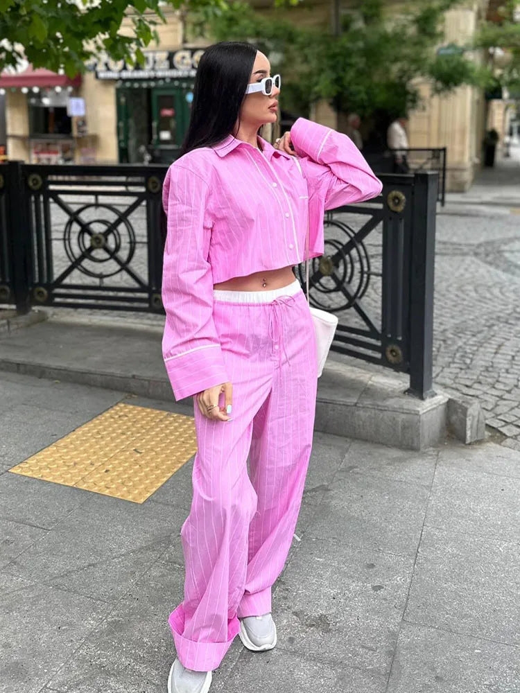 MQTIME  -   2024 Women Chic Pink Stripe High Waist Wide Leg Pants Woman Drawstring Buttons Side Pocket Slim Casual Trousers Traf