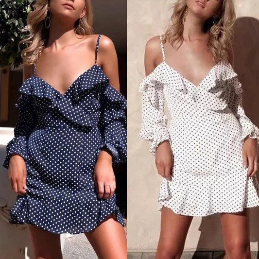 nvxiot  New Fashion Polka Dot Printed Sling Off The Shoulder Long Sleeve V-Neck Ruffles Backless Mini Dress Women Clothing