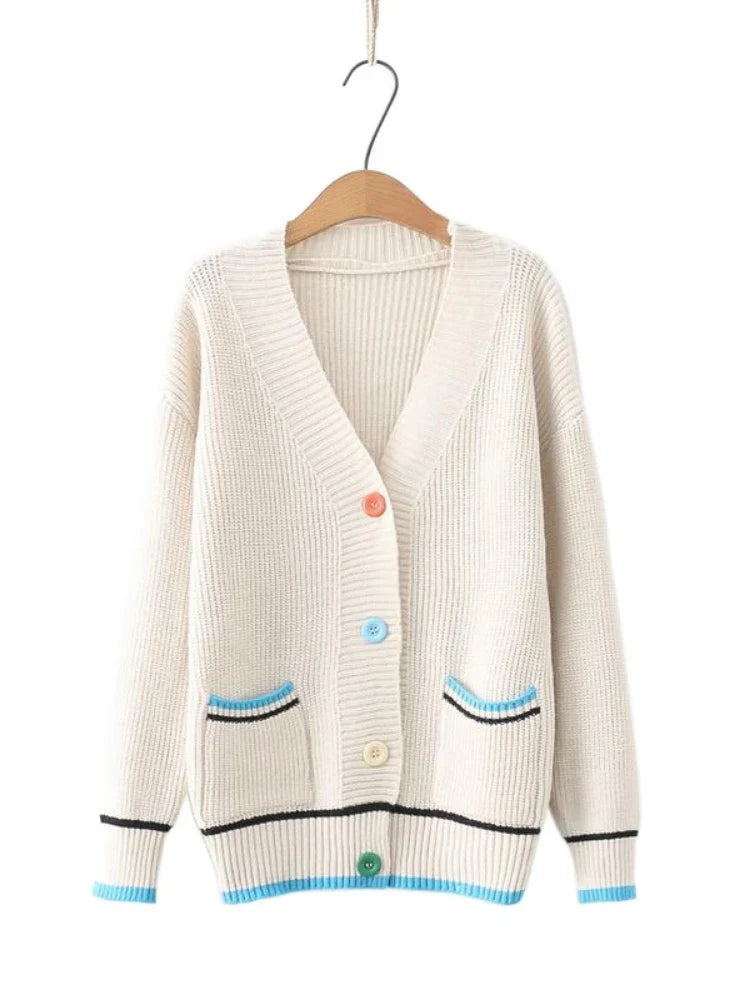 nvxiot  -  Oversized Cardigan Women Knit  Autumn Winter Long Sleeves Sweet Sweaters Jacquard Pockets Casual Chic Kawaii Tops