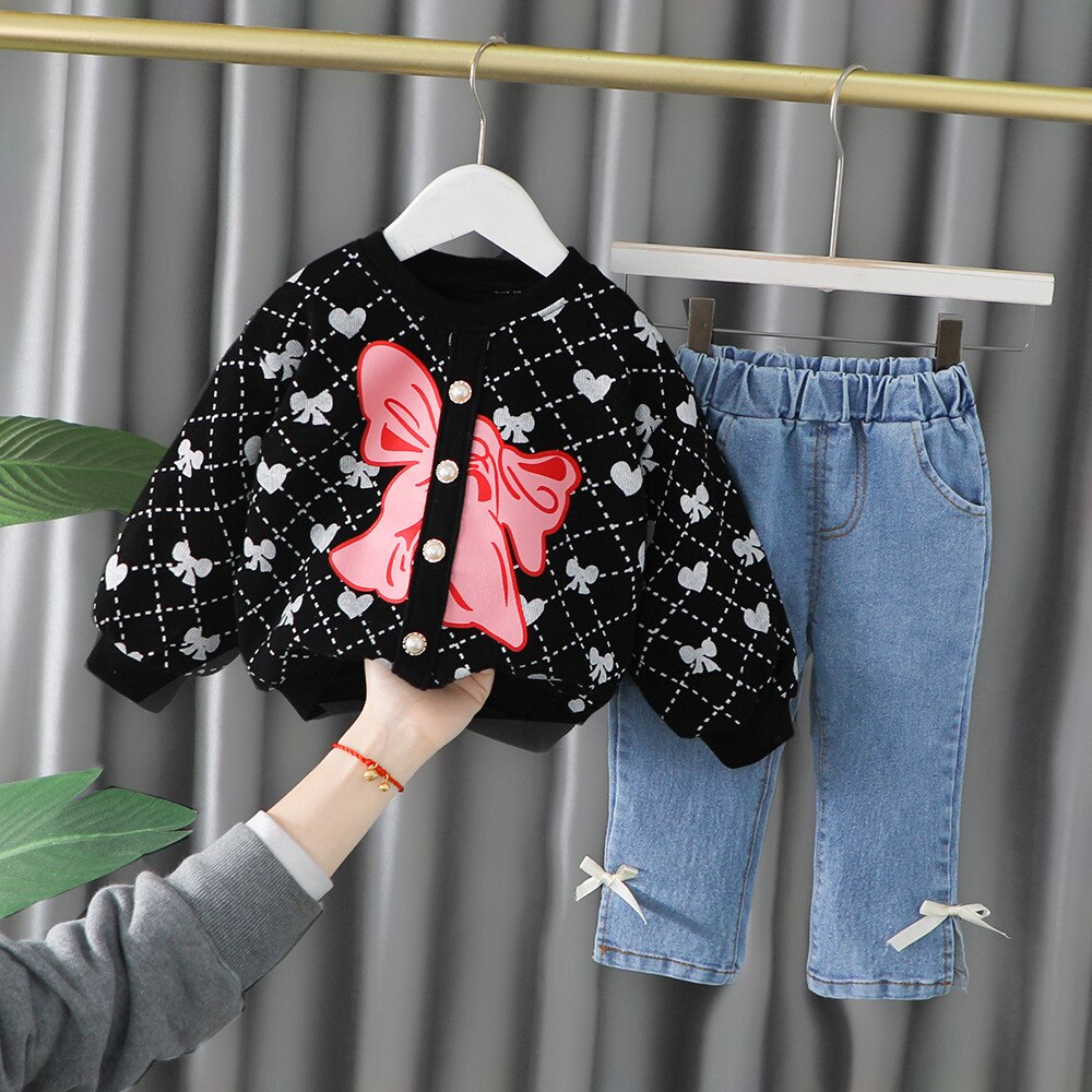 nvxiot Spring Autumn Children Baby Girl 2PCS Clothing Set Printed Butterfly Cotton Sweatshirts Jeans Pants Kids Girl Sports Suit