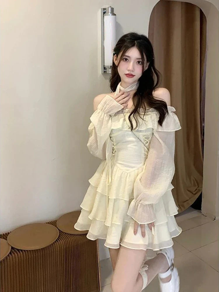 nvxiot Long Sleeve Elegant Mini Dress Lolita Pure Color Short Party Dress Woman Casual 2023 Spring Sweet One Piece Dress Korean Fashion