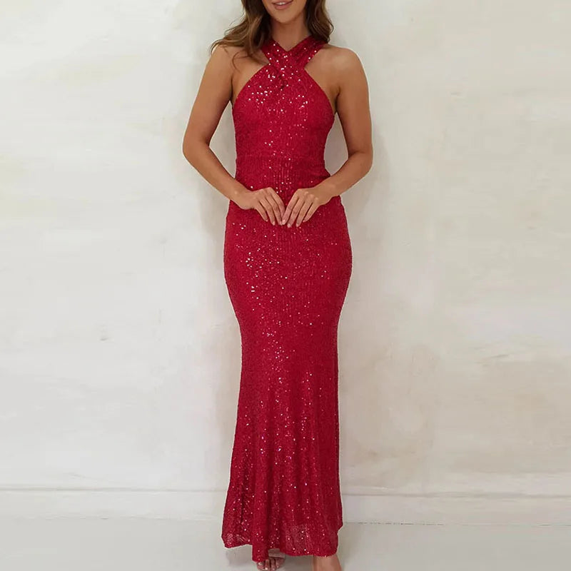 nvxiot Lady Elegant Slim Halter Glitter Club Maxi Dress Sexy Sleeveless Shiny Bodycon Evening Dresses Women Fashion Sequins Party Dress