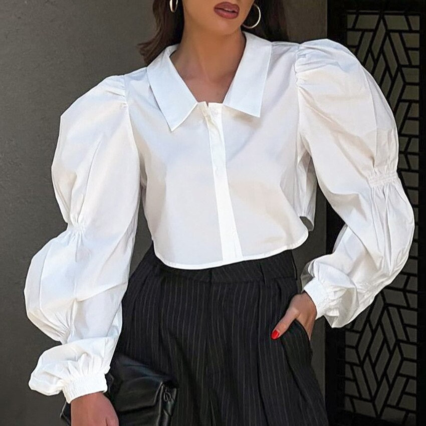 nvxiot Fashion Puff Long Sleeve Cropped Blouses for Women Autumn Single Breasted Turn-down Collar Casual Shirts Female Streetwear