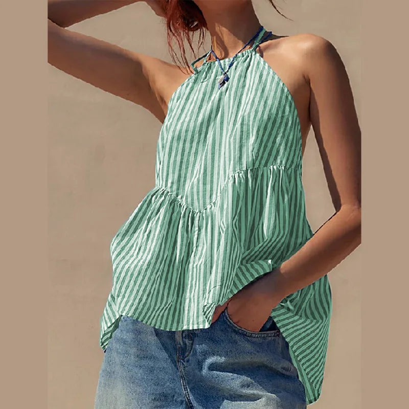 nvxiot  -  Striped Halterneck Tops Women 2024 Summer Sexy Straps Backless Shirts Blouses Female Casual Sleeveless Y2k Holiday Beachweaer