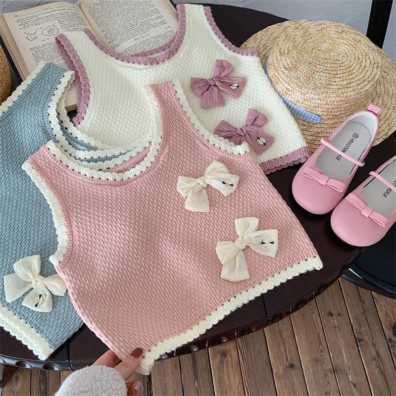 MQTIME  -  2024 Spring Children Girl Vest Korean Knotbow Toddler Girl Sweater Tank Top Spliced Loose Knitted Sleeveless Baby Girl Pullovers