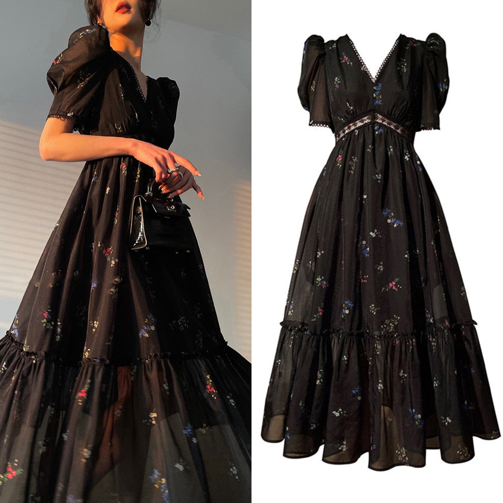 nvxiot Black Flower Midi Dresses Women Summer New Style Short Sleeve V Neck Vintage Fashion Long Dress Female Runway Quality