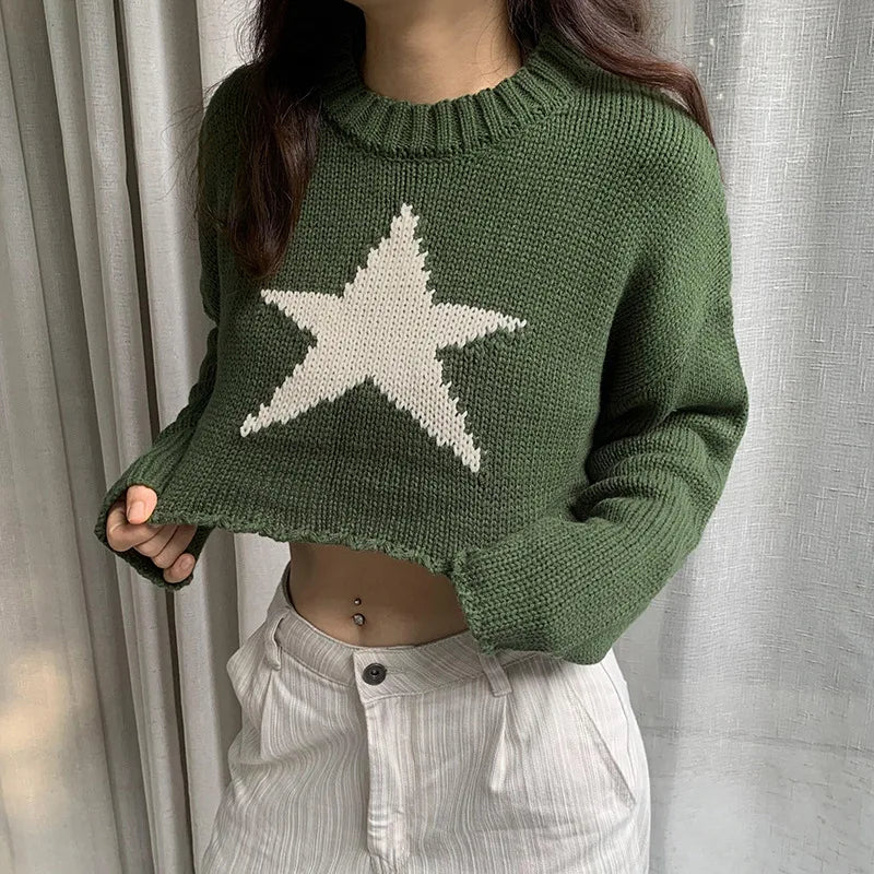 nvxiot - Star Print Autumn O-Neck Knitted Sweater Vintage Solid Basic Casual Slim Short Pullover Korean Fashion Simple Chic Jumpers Tops