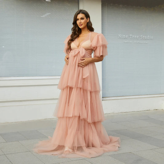 nvxiot Pink Photography Maternity Dress Puffy Tulle Party Gowns Ruffles Tiered Pregnant Woman Photo Shoot Robe Real Pictures Custom