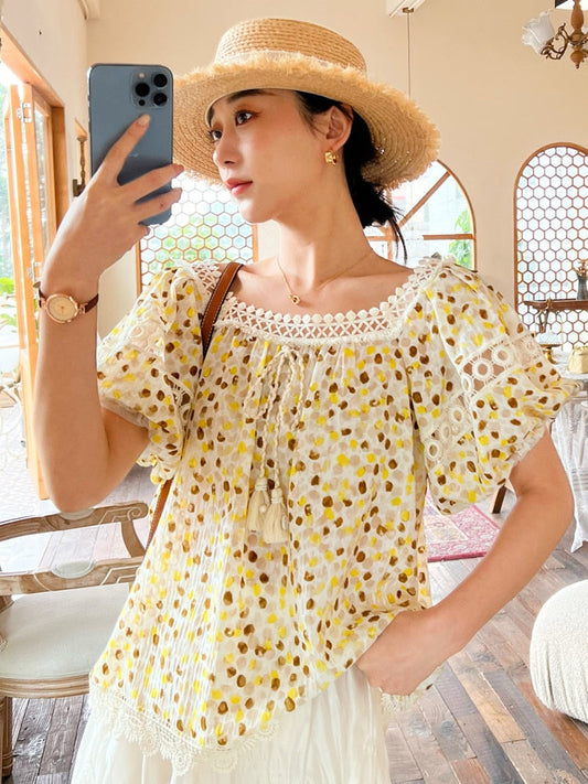 nvxiot  Floral Chic Summer Blouse Shirt Chiffon Loose Tassels Lace Up Off The Shoulder Sexy Blouse Holiday Women Casual Tops