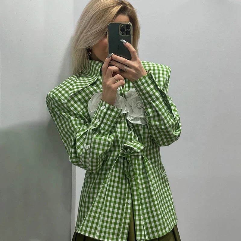 nvxiot Fashion Button -Up With Three-Dimensional Flower Shirts & Blouses Streetwear Long Sleeve Plaid Full Shirt Women Chic Tops