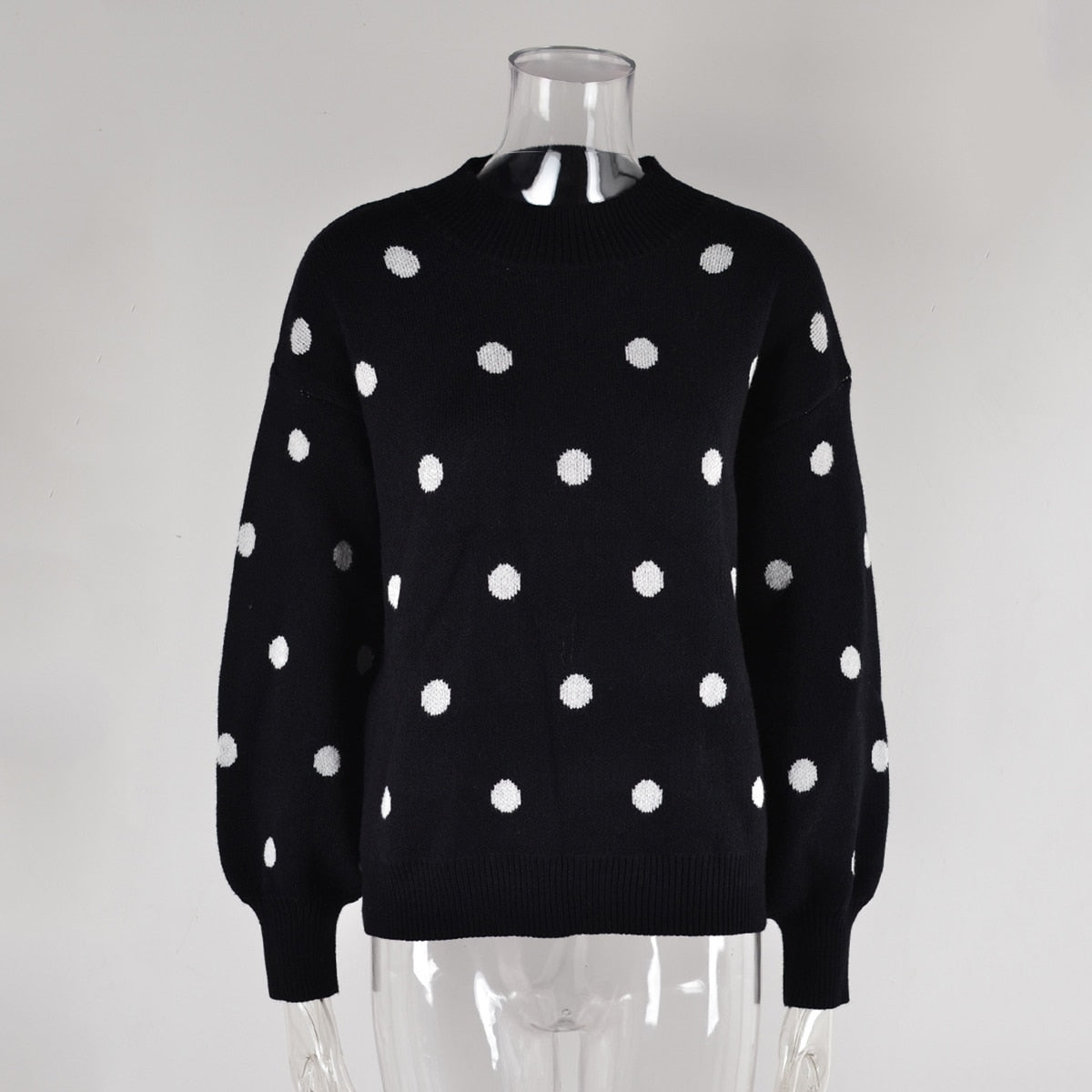 nvxiot Polka Dots O Neck Casual Sweater Women Autumn Winter White Casual Vintage Female Jumper Black Thick Retro Pullover