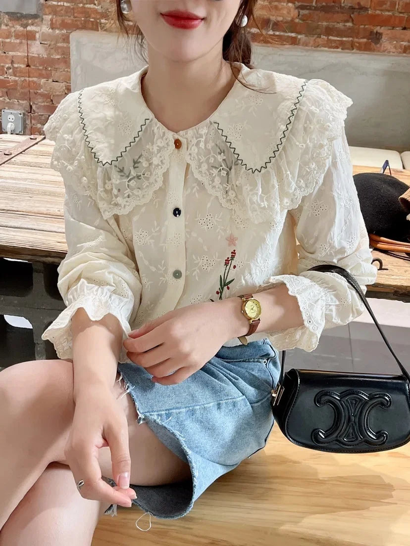 MQTIME  -   New Women Shirt Peter Pan Collar Vintage Style Basic Shirts Petal Sleeve Embroidery Boho Blusas Mujer Cotton Shirts Top