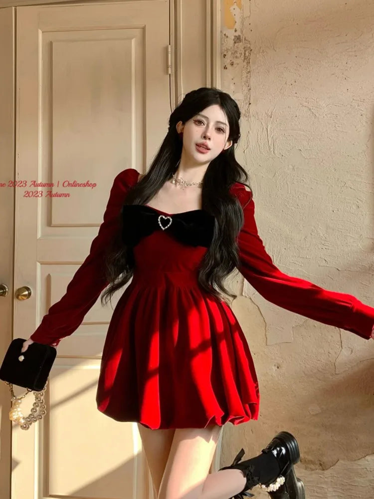 nvxiot Women's Red Velvet Dresses Square Collar Long Sleeve Bow Heart Design Mini Dress Autumn Winter Female Party Dress Christmas