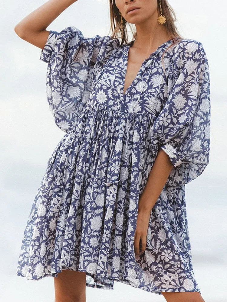 nvxiot Lantern Half Sleeve Cyan Bohemian Beach Midi Loose Dress Summer for Women Tie Up Casual Floral Holiday Midi Vestidos