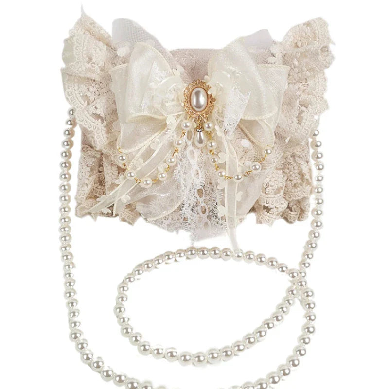 nvxiot Lolita Gentle Girls Shoulder Bags Elegant Sweet Lace Bow Women's Handbags Fashion Cute Pearl Chain Top-Handle  Y2k Aesthetic