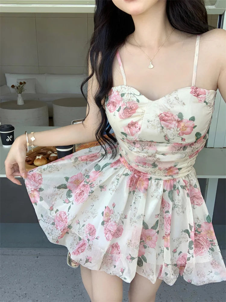 MQTIME  -  Countryside Mini Dress Prarie Pleated Waist Rose Floral Camisole Dress Women Summer Trendy A-line Short Sweet Minni Fluffy Dress