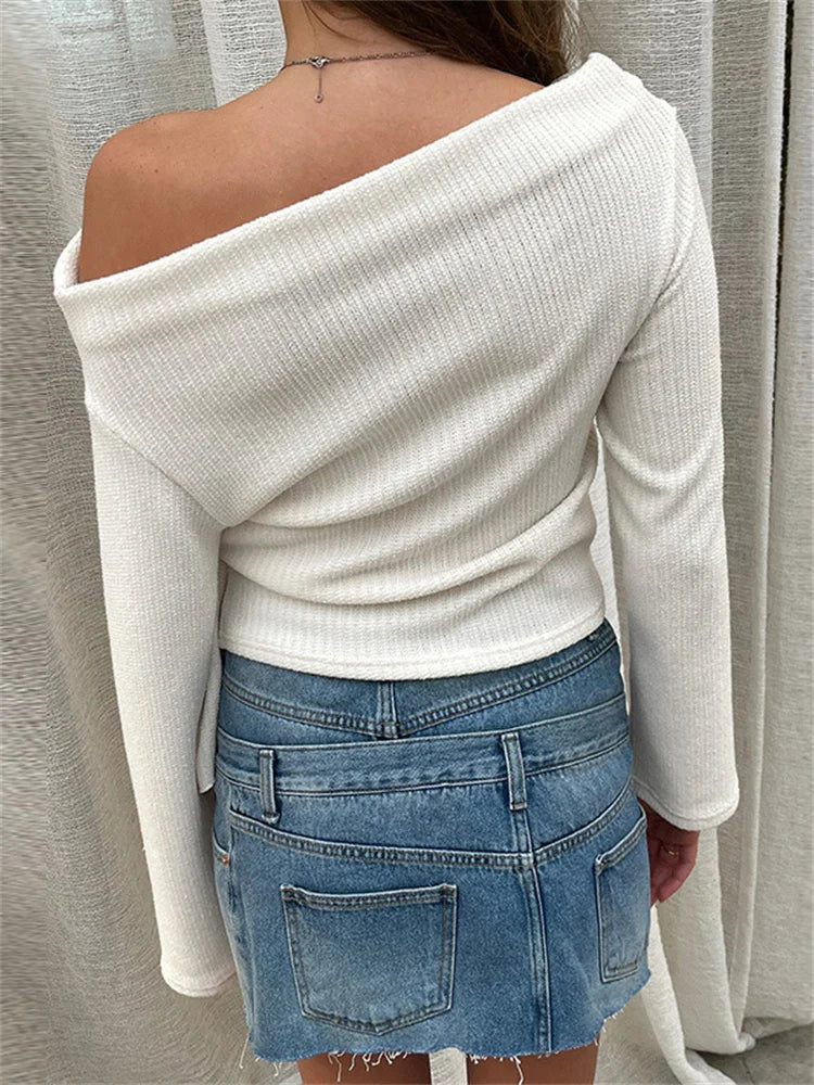 MQTIME  -  Casual Bandage Patchwork T-shirt Pullover Female Solid Lace-Up Off-Shoulder Slim Pleated White Tee Women Knit Sweater Top