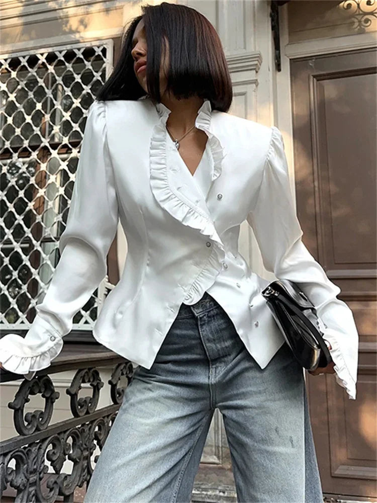 nvxiot  -  Fall Outfits 2024 White Ruffled Vintage Shirts For Women Patchwork V-Neck Long Sleeve Autumn 2024 Elegant Streetwear Female Cardigan Blouses