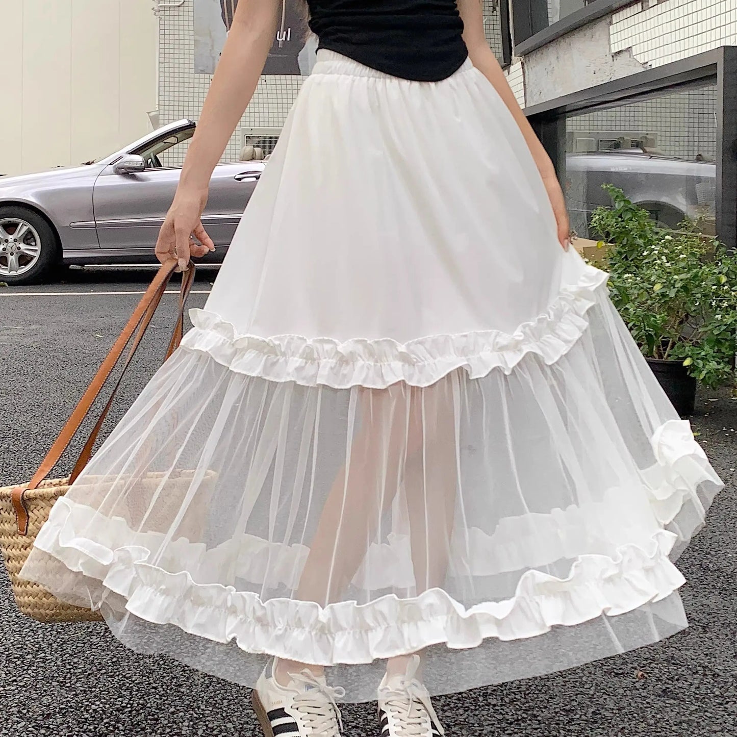 nvxiot  - Solid Color Elegant Ladies Elastic Fashion Patchwork Net Yarn High Waist A-line Skirt Summer Sweet White Black Women's Clothing