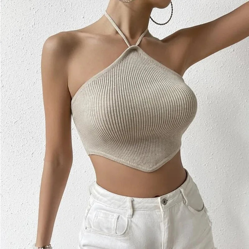 nvxiot  -  New Sexy Spicy Girl Women's Style Short Backless Hanging Neck Tie up Knitted Tank Top for Women