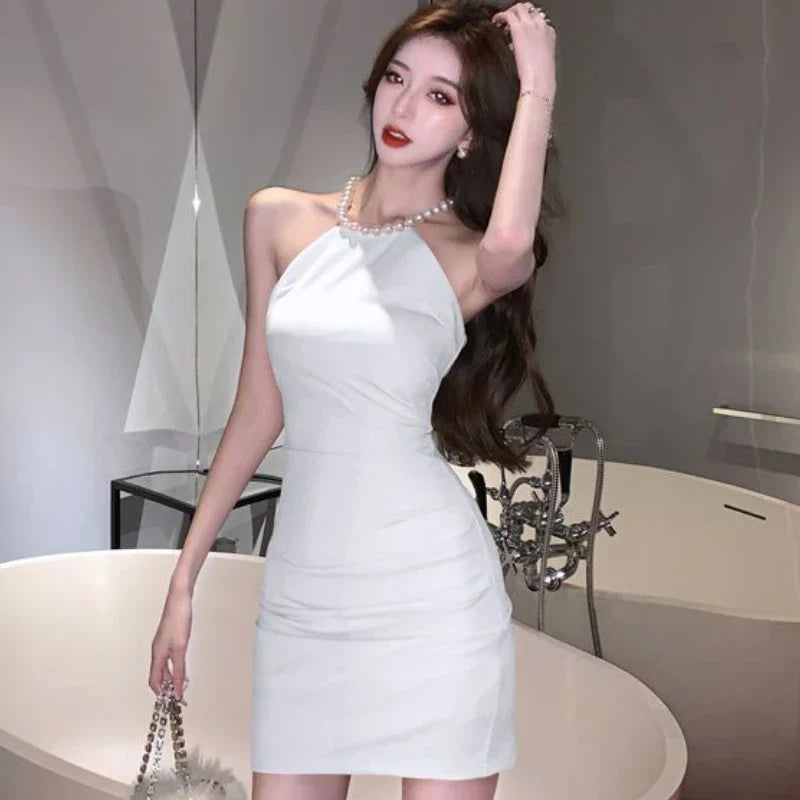 nvxiot-CLUB OUTFITS Beading Halter Dresses Women Elegant Female Graceful Korean Style Empire Sexy Off Shoulder Summer Charming Party Casual Solid