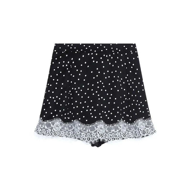 MQTIME  -  Vintage Dot Print Black Skirt Women Lace Patchwork Elastic High Waist Mini Skirts Summer Korean Fashion Cutecore Clothes