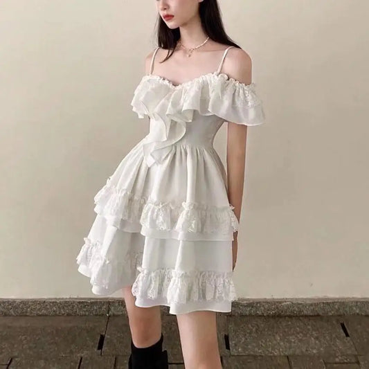 nvxiot Evening party dresses for women Summer korean white lace dresses mini off shoulder dress elegant ruffle dress ruched black