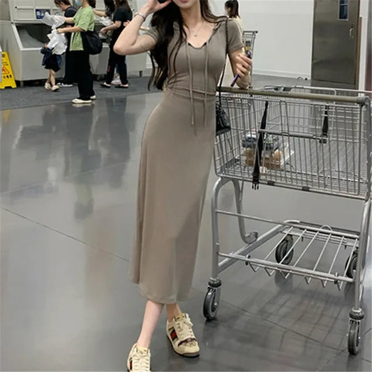 nvxiot-Casual Elegant Long Dress for Women Slim Office Lady Solid Fashion Simplicity Short Sleeve Female Korean Dresses Summer 2023