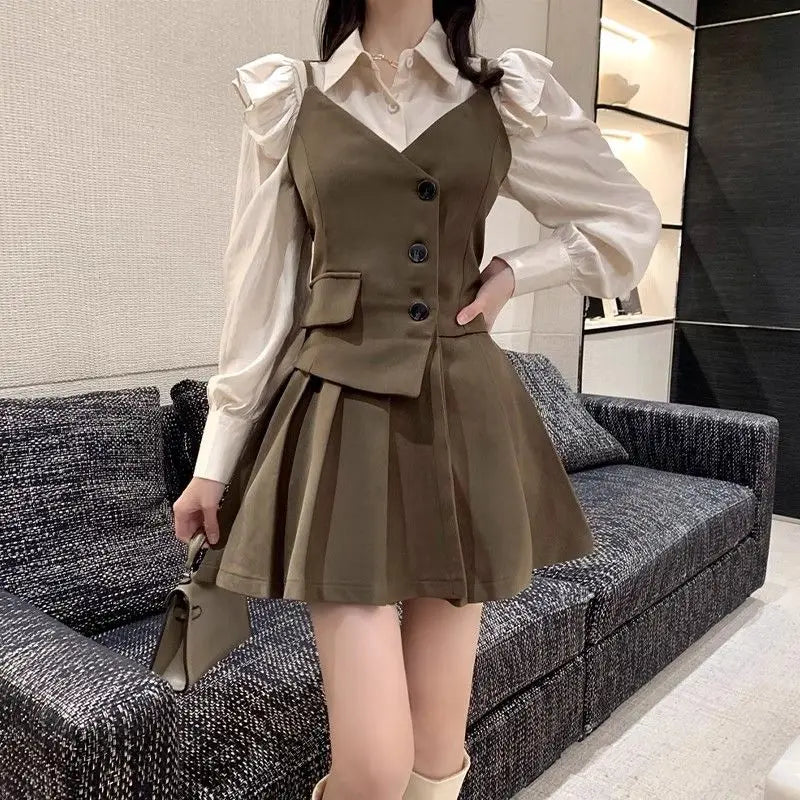 nvxiot Women's Preppy Style Blouse Overall Mini Dresses Suits 2024 Spring Autumn New Fashion Shirt Tops Slim Strap Dress Two Piece Sets