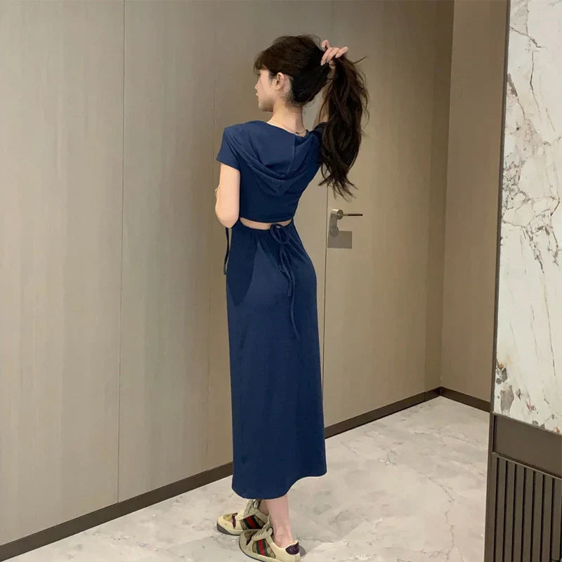 nvxiot-Casual Elegant Long Dress for Women Slim Office Lady Solid Fashion Simplicity Short Sleeve Female Korean Dresses Summer 2023