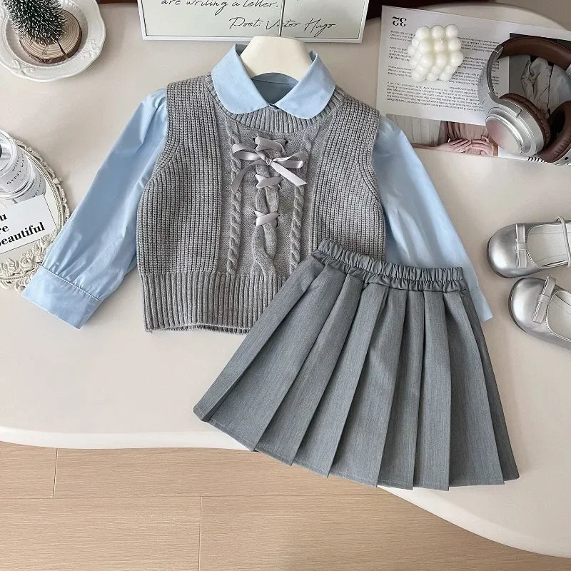 MQTIME  -  3Pcs Girls Clothes Sets Long Sleeve Shirt+Knitted Sweater Vest+Skirt Korean College Style Children Clothing Suits 2 3 4 5 6 7Yrs