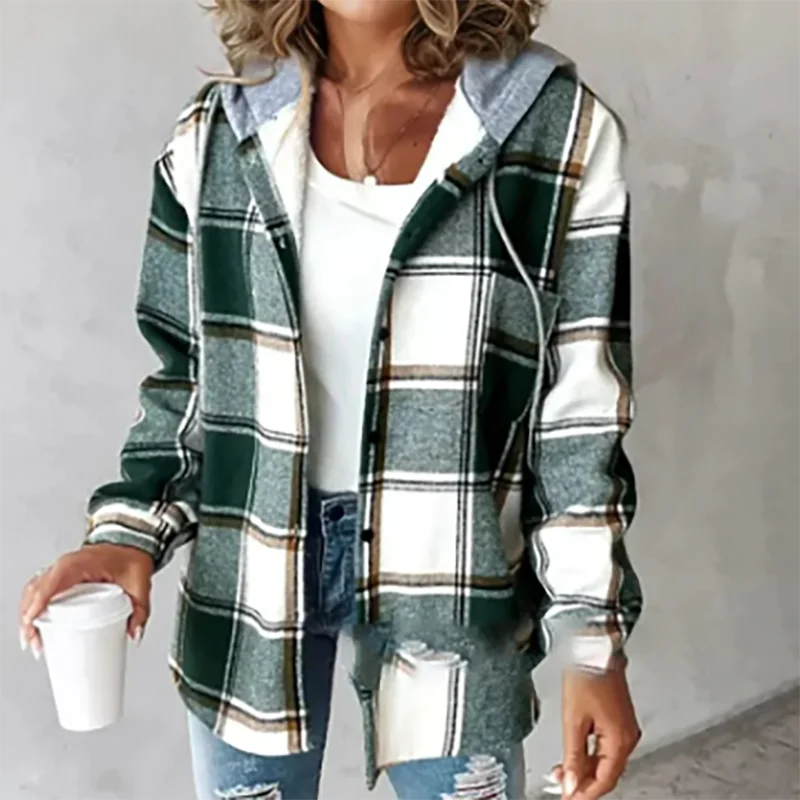 MQTIME  -  2024 Autumn Plaid Printed Women's Jacket Casual Streetwear Long Sleeved Hooded Coat Fashion Single Breasted Commuting Outerwear