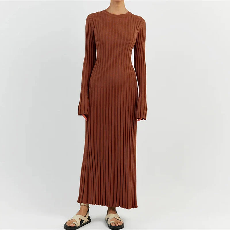 nvxiot 90s Vintage Tie Waist Dress Women Elegant Ribbed Knit Full Sleeve Maxi Dress Crew Neck Bodycon Pencil Long Dress Streetwear