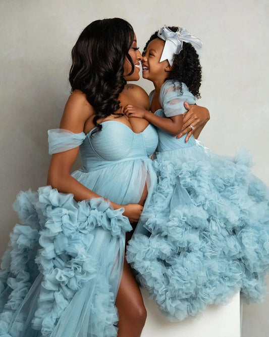 nvxiot  -  Blue Tulle Maternity Gown Mother and Daughter Photoshoot Dress Long Fluffy Pregnancy Ruffled Photography Dresses