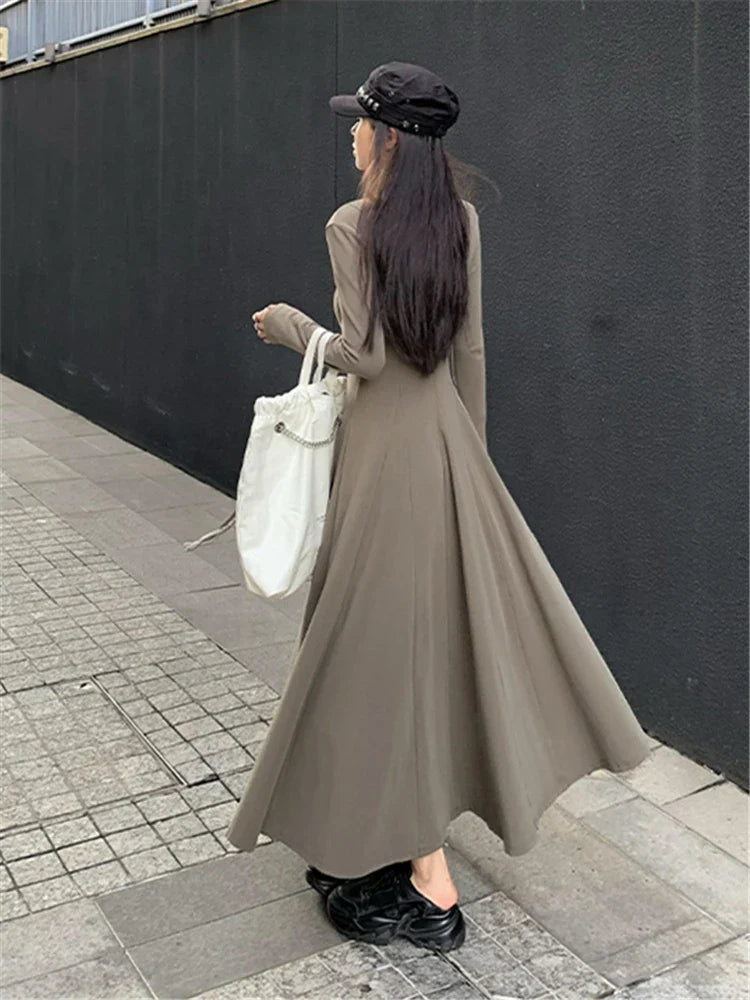 nvxiot-Elegant Black Knitted Midi Dresses for Women Autumn and Winter Fashion Solid Sweet Cute Slim Chic Vintage Female Long Dress