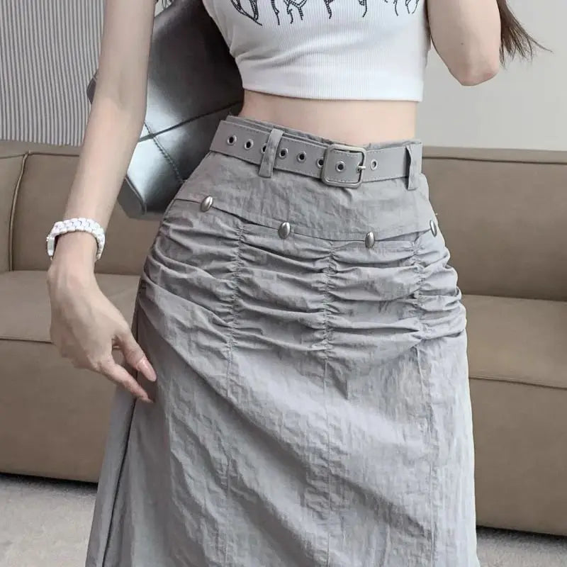 MQTIME  -  American Grey Casual Cargo Skirt Summer High Street Spicy Girl Pleated High Waist Back Split Wrap Hip Slim Long Skirt for Women