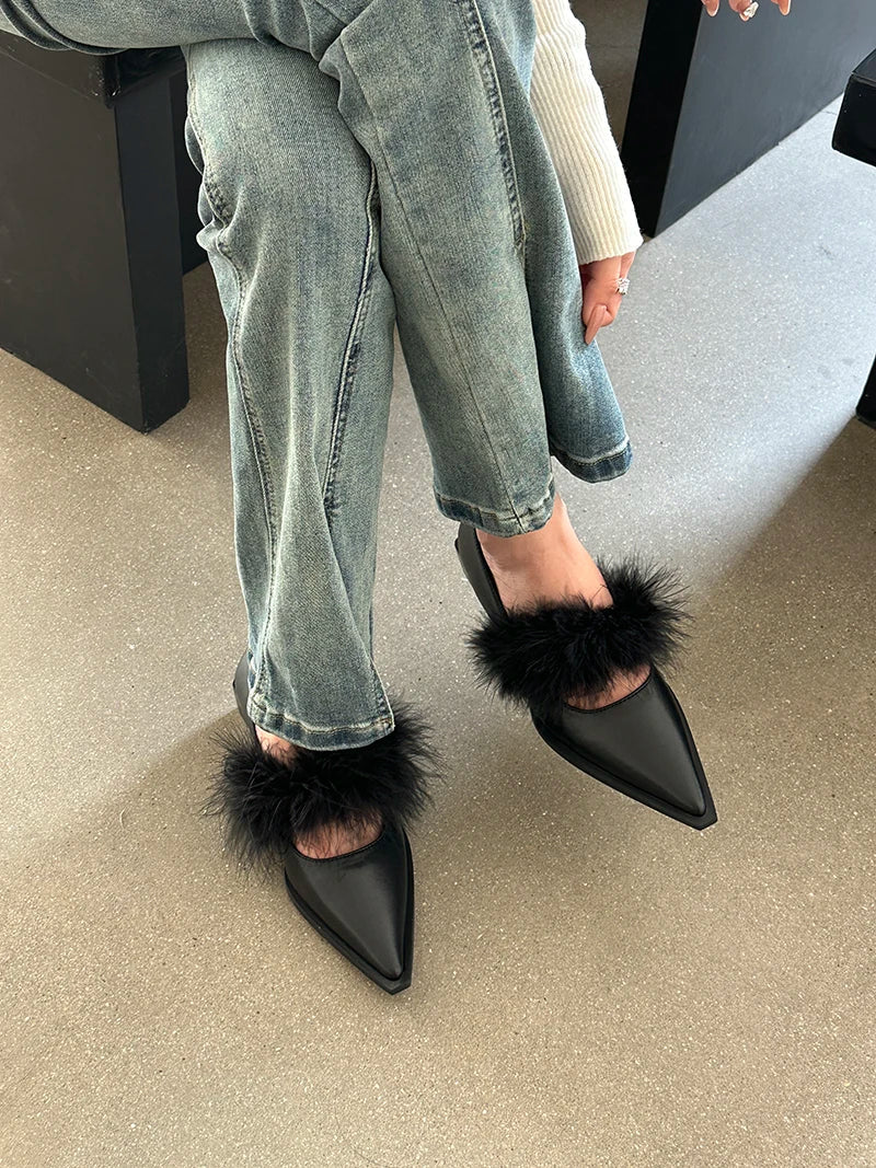 nvxiot Pointed Toe Women Flats News Fur Design Autumn Spring Dress Shoes Black White Shallow Slip On Pumps Black White Sexy Loafer